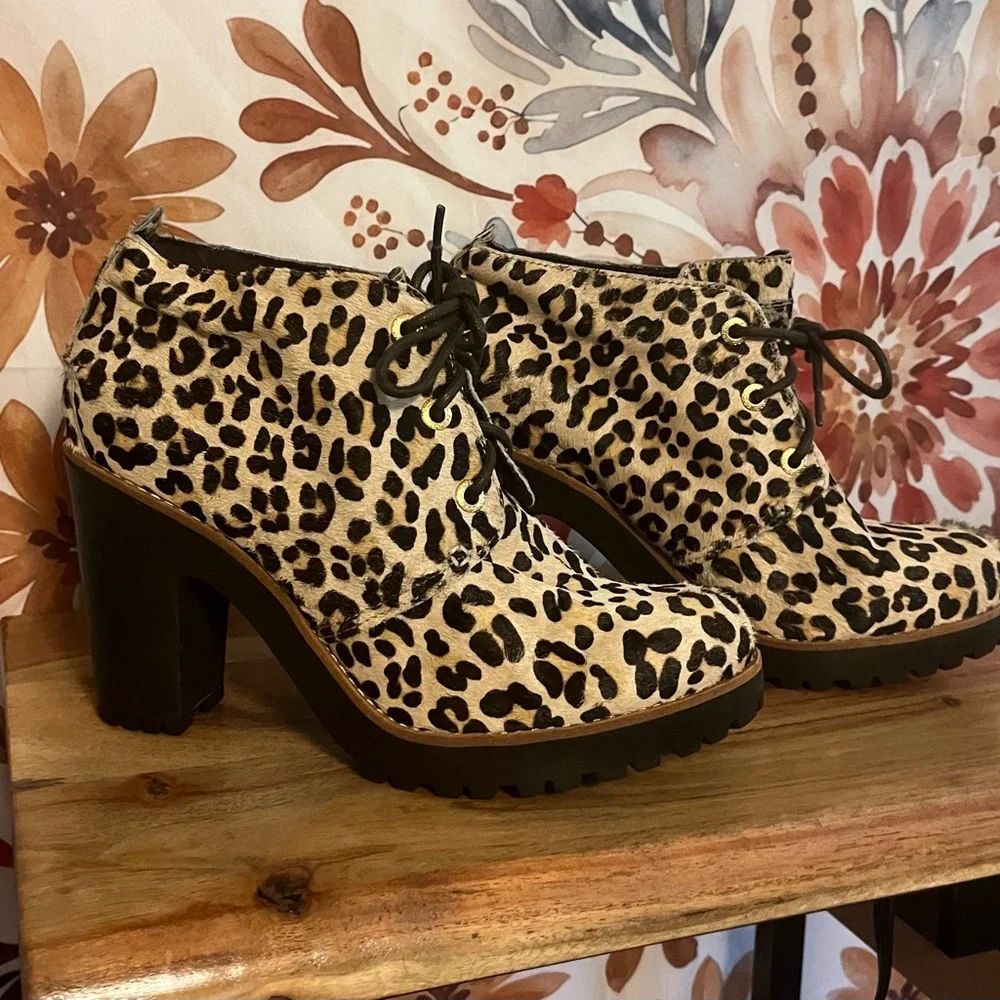 Sperry Princeton Womens 9M Leopard Leather Faux Fur Chunky Heel Fall Booties